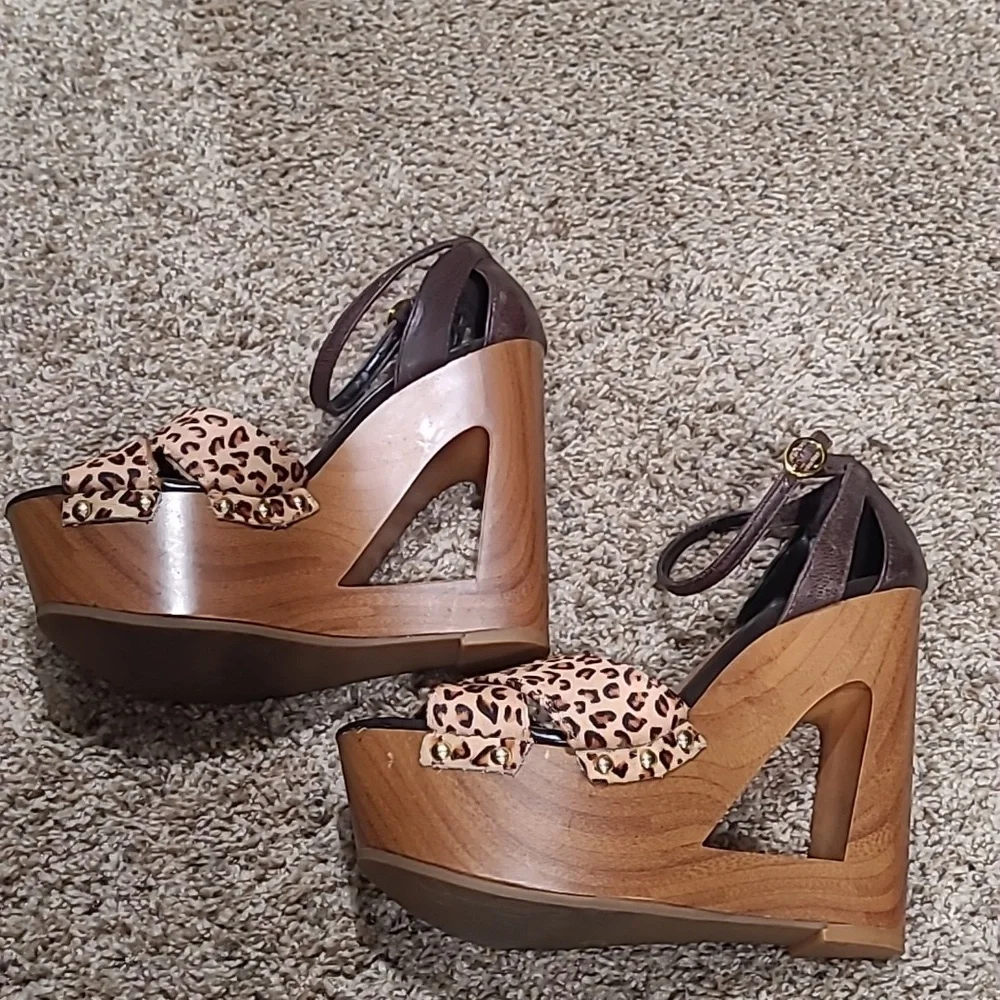 Jessica Simpson Leopard Print Wedge Sandals with Wood-Look Platform